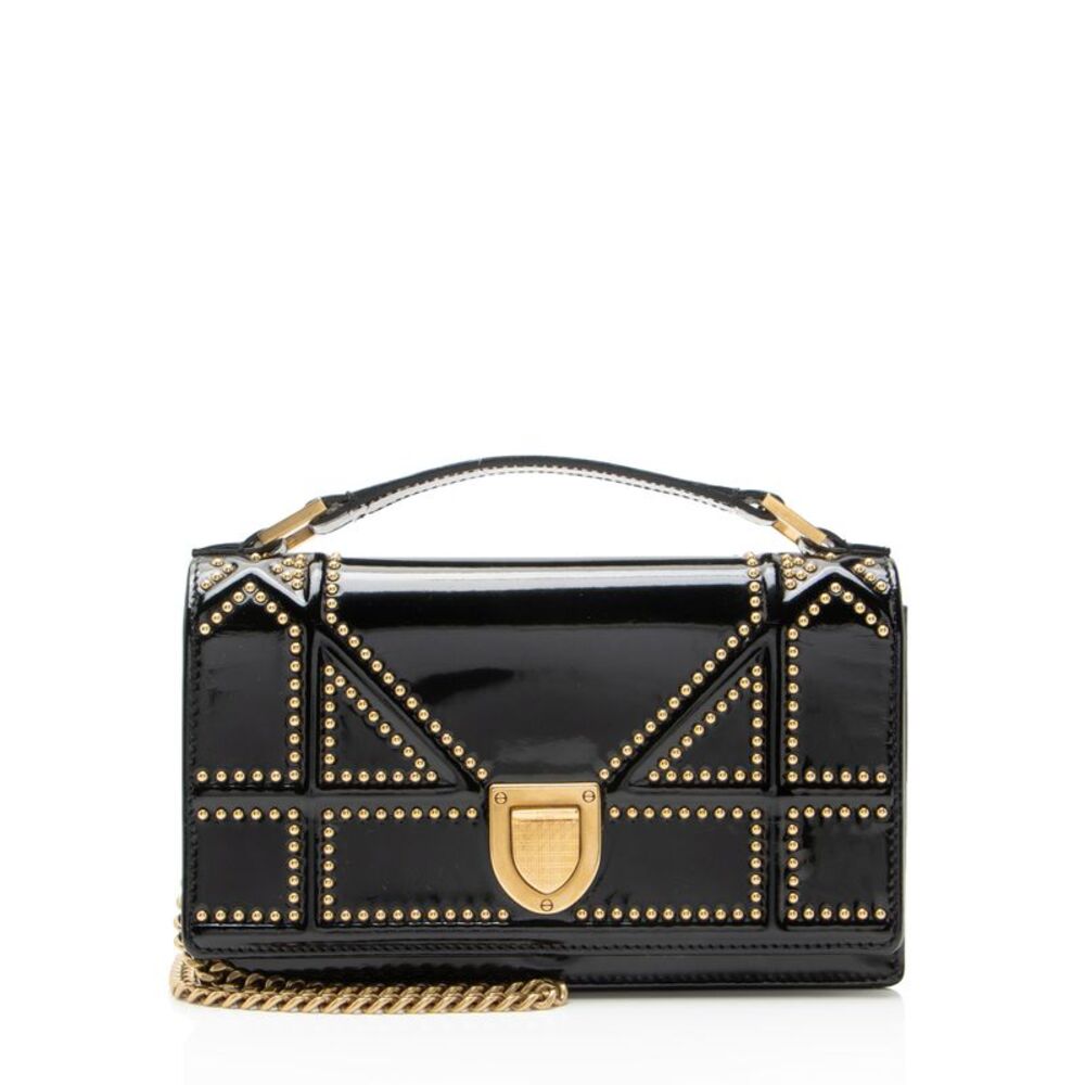 Dior Patent Leather Studded Diorama Clutch on Chain
